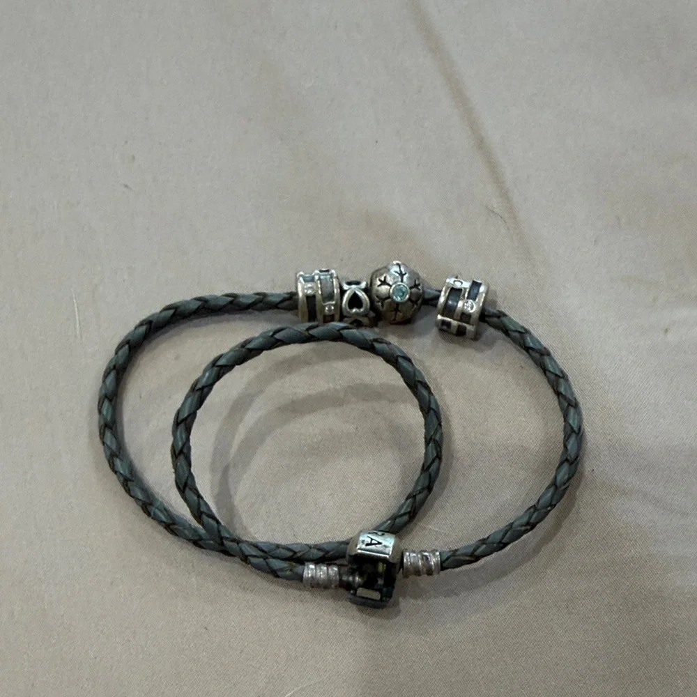 Pandora Braided Leather Bracelet with Silver Charms - Picture 1 of 4
